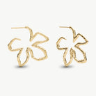 A pair of gold-toned, openwork hoop earrings with a textured, hammered finish, shown on a clean off-white background.