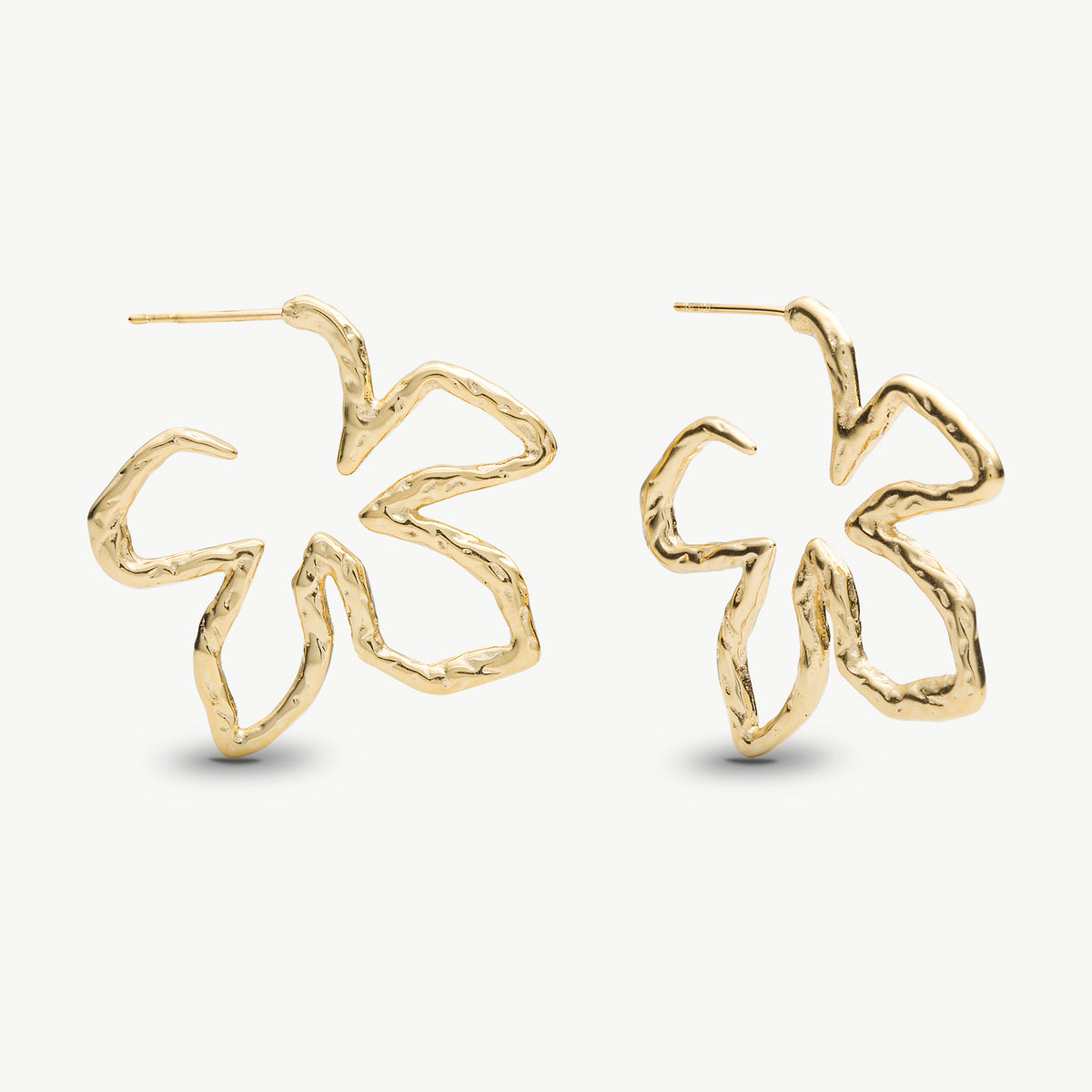 A pair of gold-toned, openwork hoop earrings with a textured, hammered finish, shown on a clean off-white background.