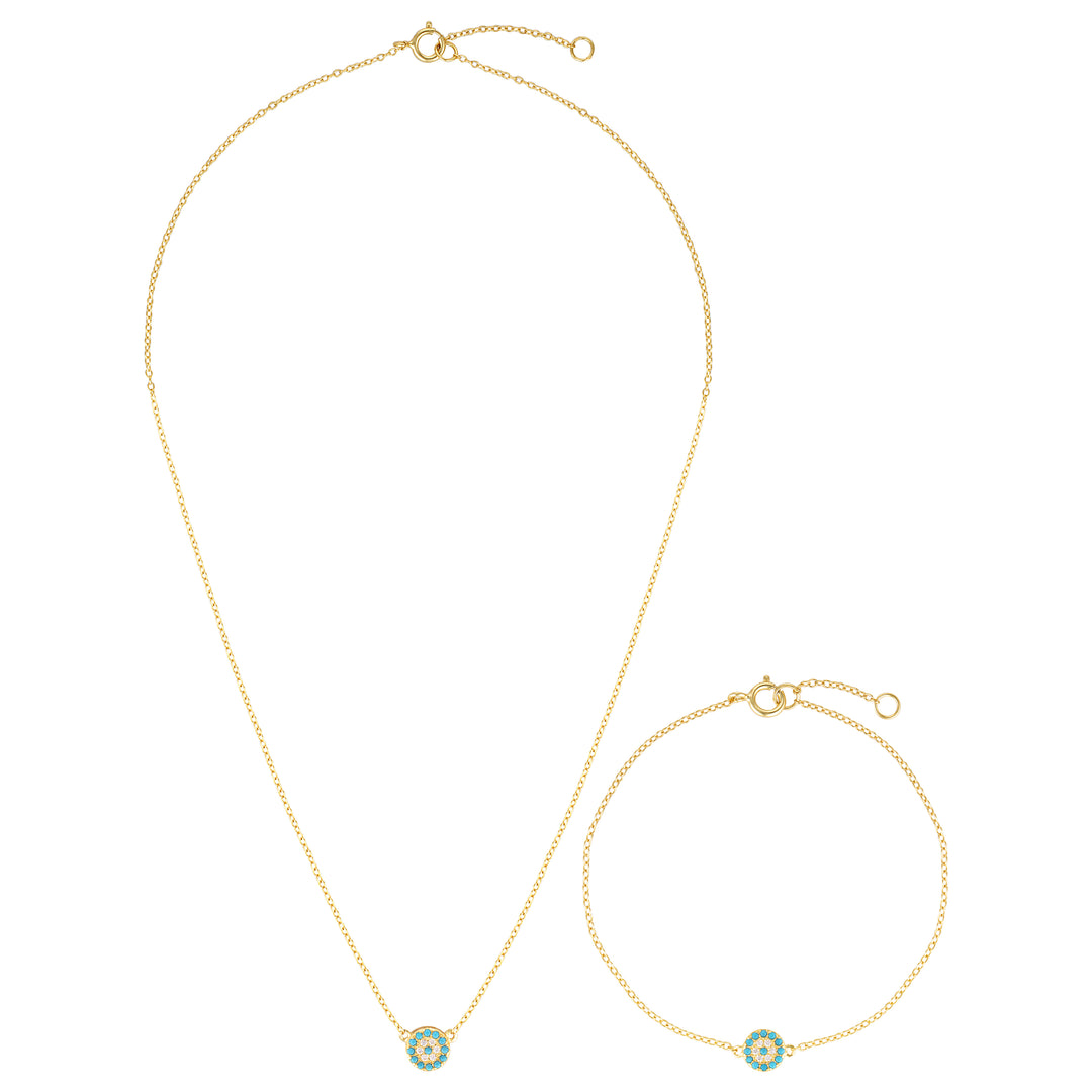 Yellow Gold Evil Eye Necklace and Bracelet Set - Turquoise Blue