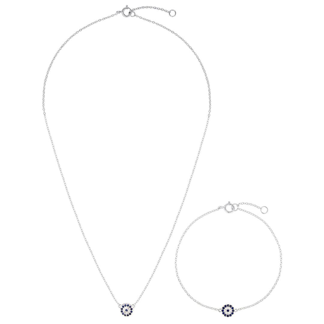 Sterling Silver Evil Eye Necklace and Bracelet Set - Dark Blue