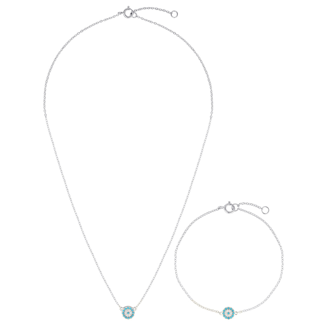 Silver Evil Eye Necklace and Bracelet Set - Turquoise Blue