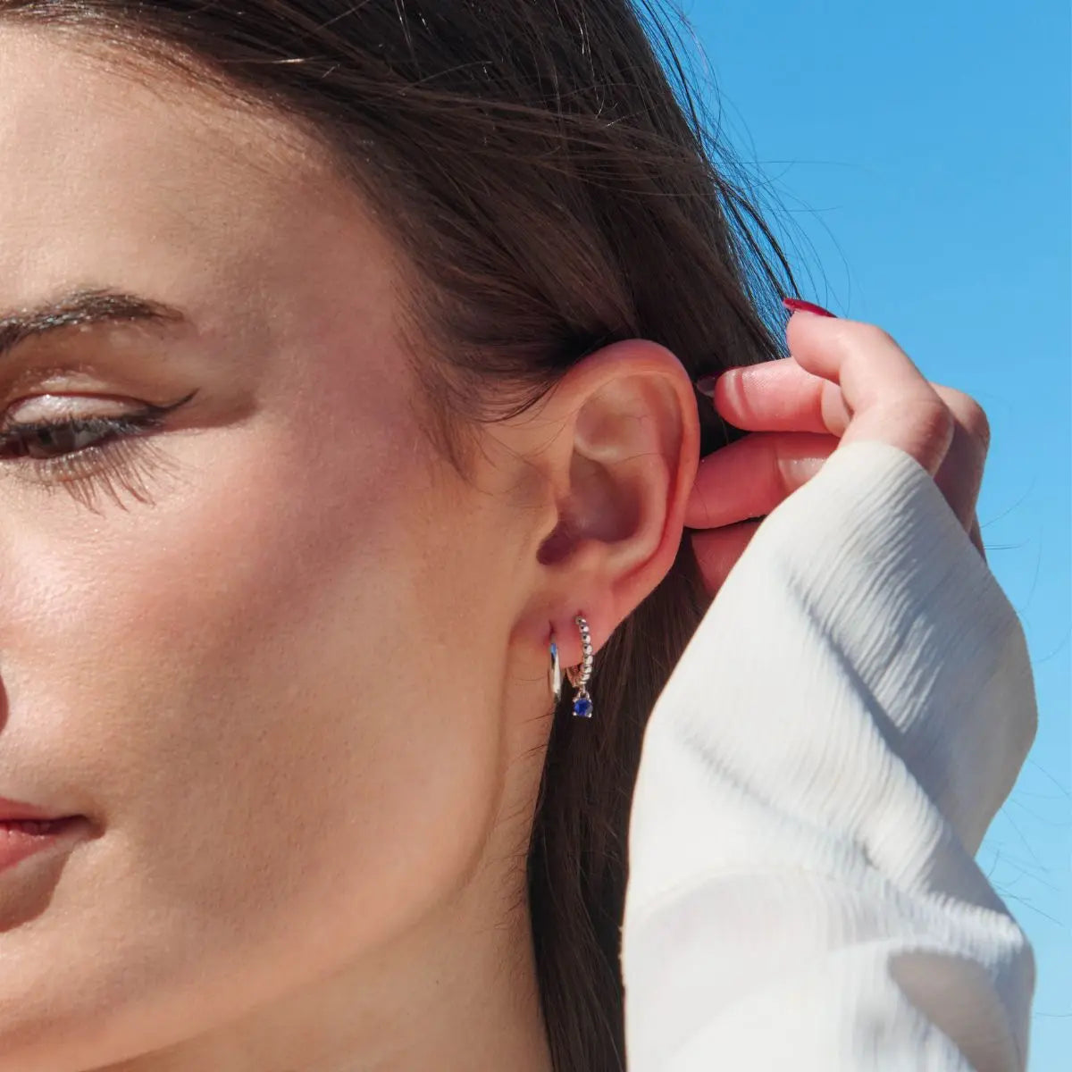Bubble Huggie Hoop Drop Earrings Silver 1 on model- Australian Jewellery Brand Bowerbird Jewels