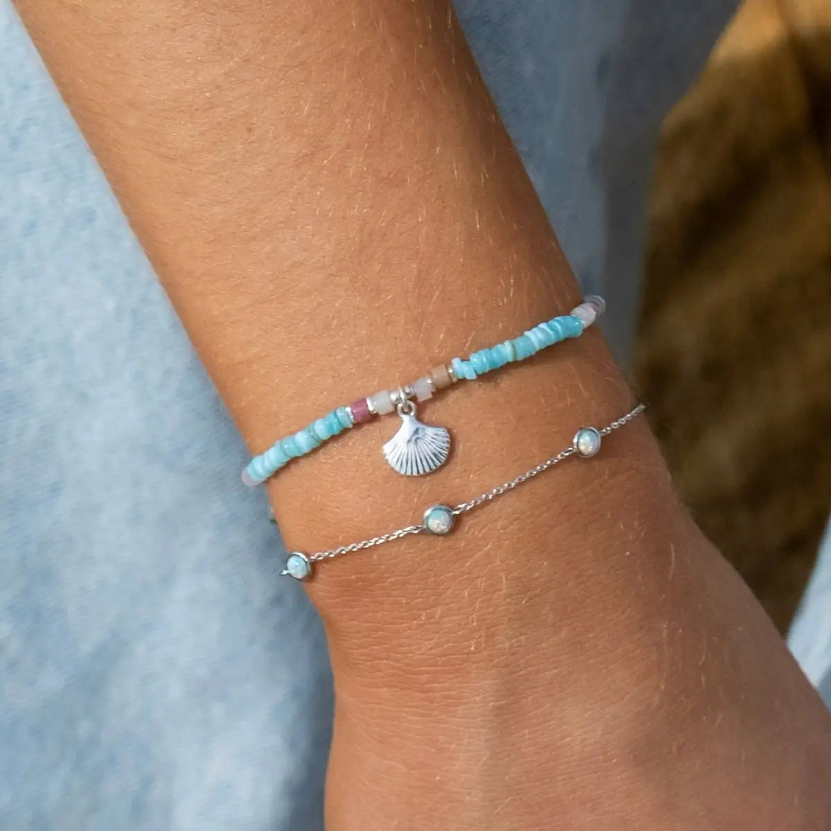 Caspian Shell and Beaded Gemstone Stacking Bracelet 1 on model- Australian Jewellery Brand Bowerbird Jewels