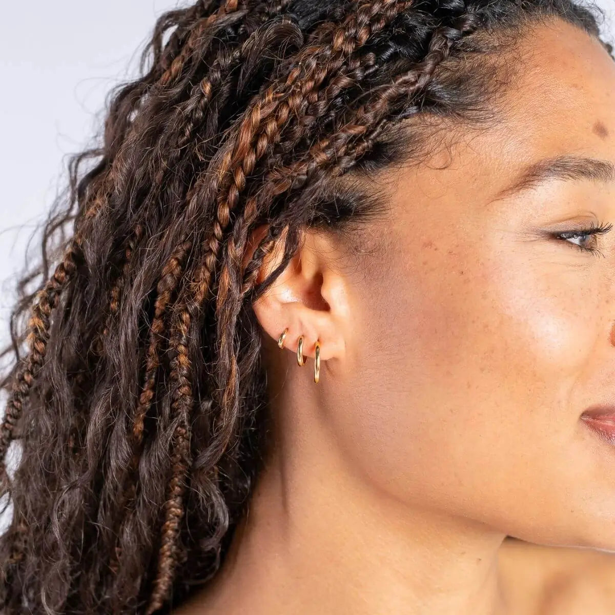 Classic Everyday Huggie Hoop Earrings Gold 1 - on model- Australian Jewellery Brand Bowerbird Jewels