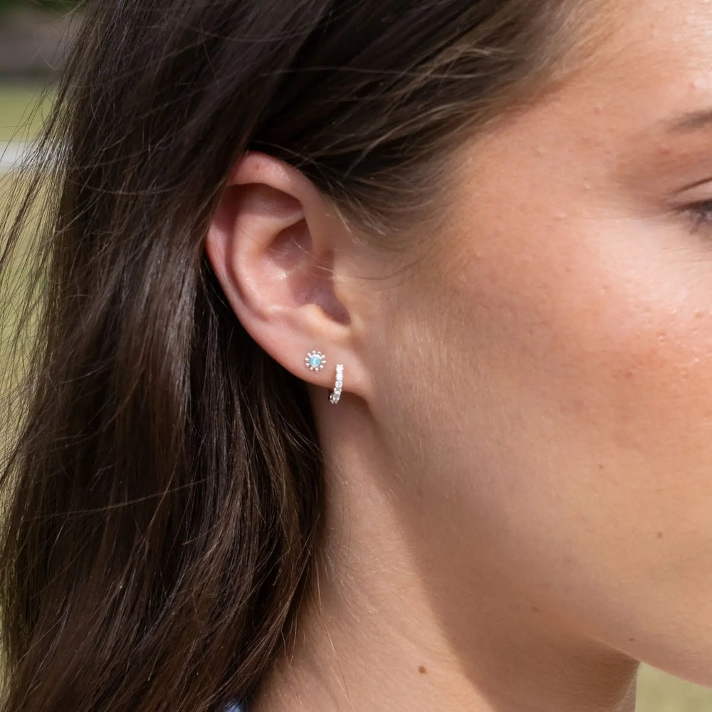 Cubic Zirconia Sterling Silver Huggie Earrings Silver 1 on model- Australian Jewellery Brand Bowerbird Jewels