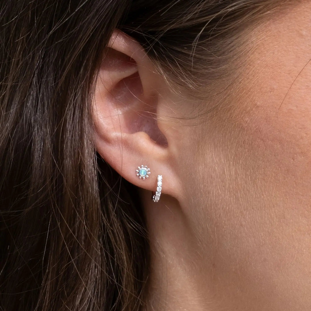 Cubic Zirconia Sterling Silver Huggie Earrings Silver 2 on model- Australian Jewellery Brand Bowerbird Jewels