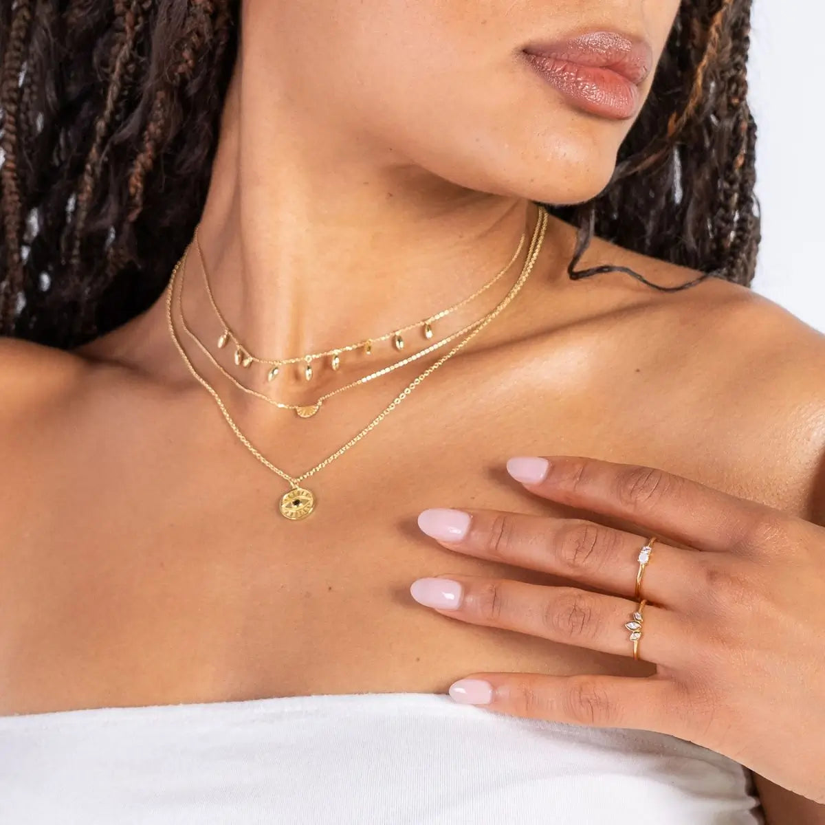 Dew Drops Necklace Gold 2 - on model- Australian Jewellery Brand Bowerbird Jewels