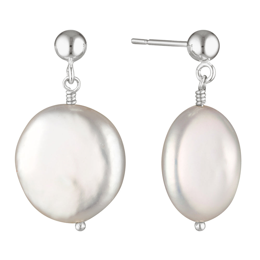 Drop Stud Coin Pearl Earrings Silver 1 - Bowerbird Jewels - Online Jewellery Store