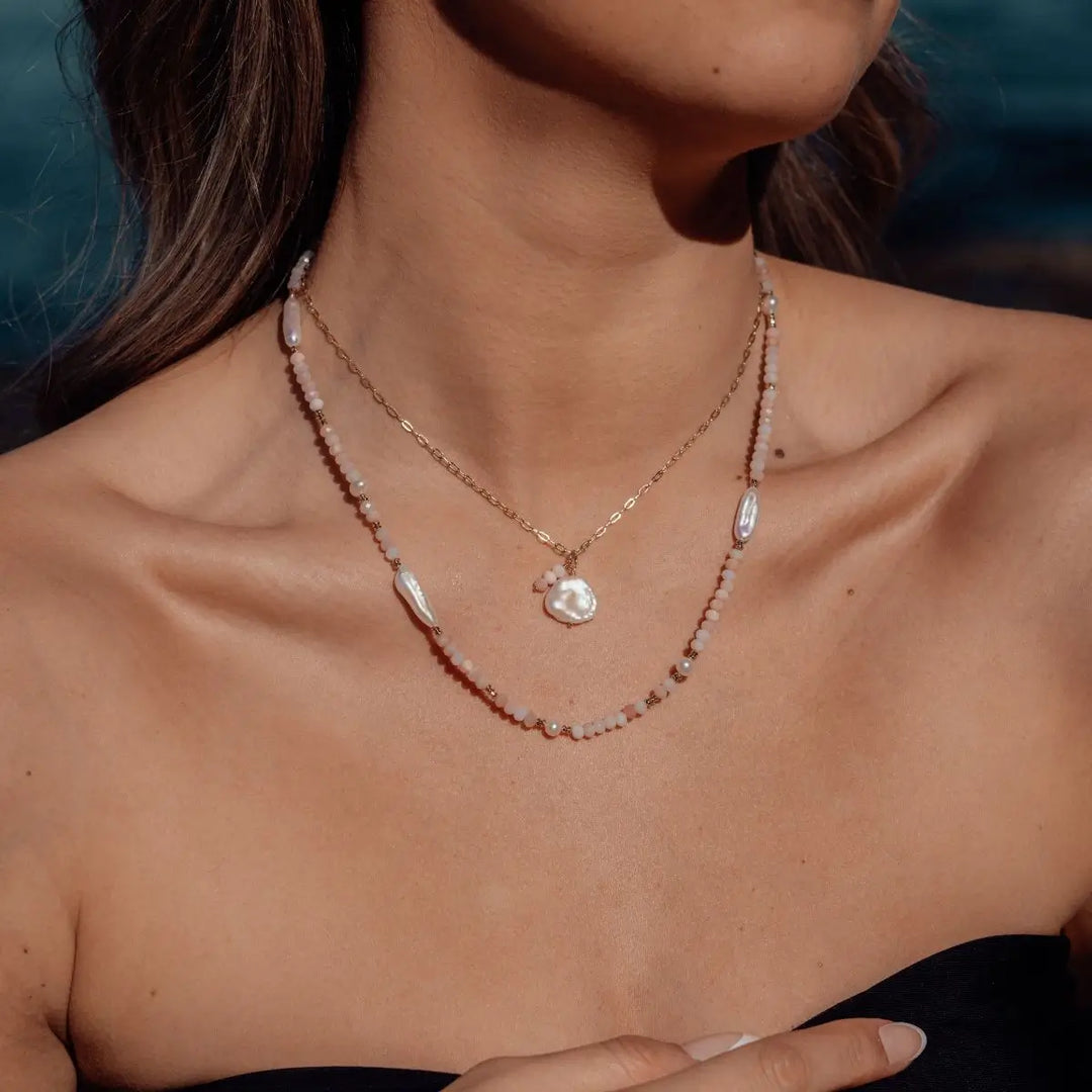 Eira Gold Filled Gemstone and Pearl Necklace Pink Opal 2 on model- Australian Jewellery Brand Bowerbird Jewels