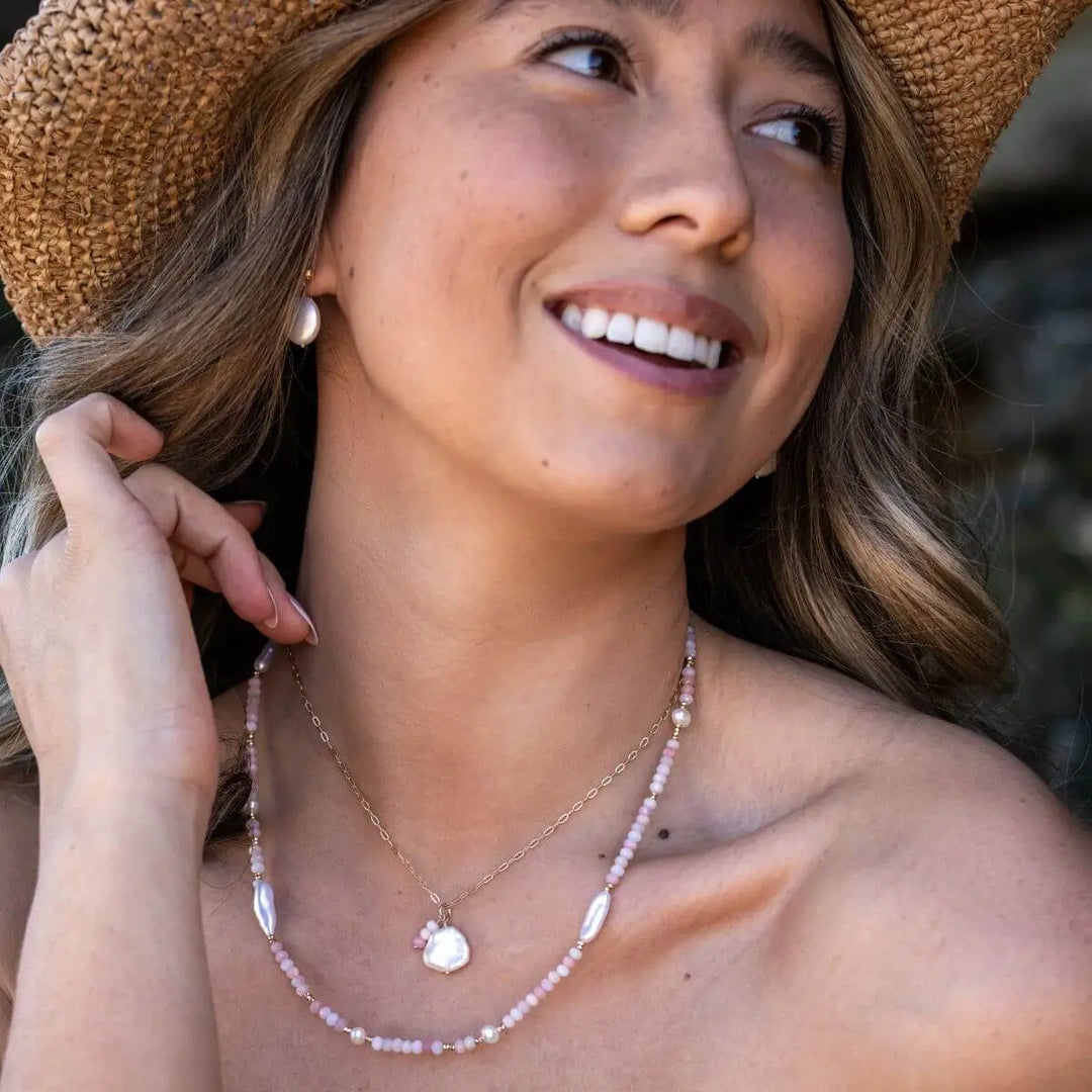 Eira Gold Filled Gemstone and Pearl Necklace Pink Opal 4 on model- Australian Jewellery Brand Bowerbird Jewels