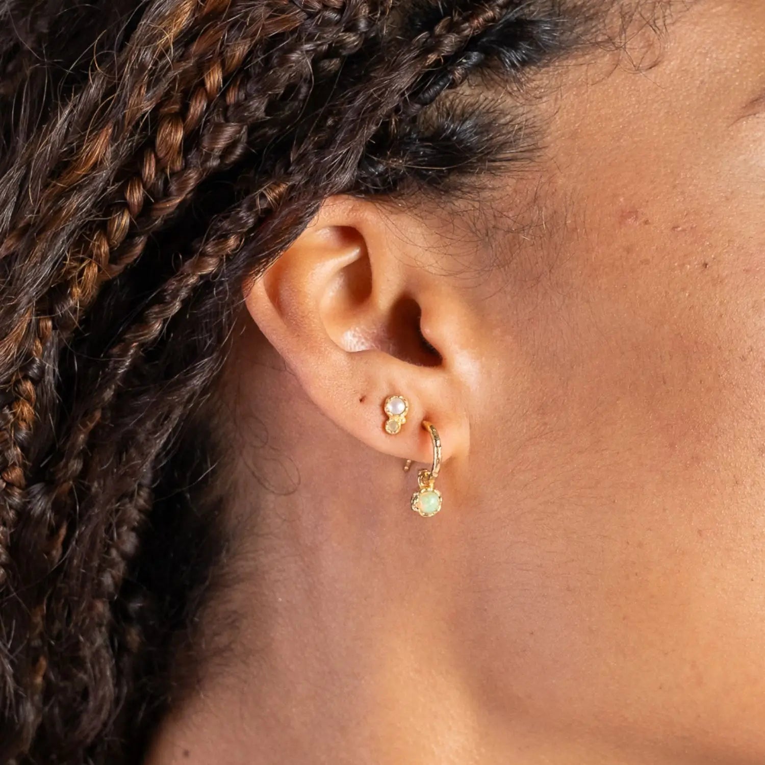 Empowered Organic Stud Earrings Gold 2 on model- Australian Jewellery Brand Bowerbird Jewels