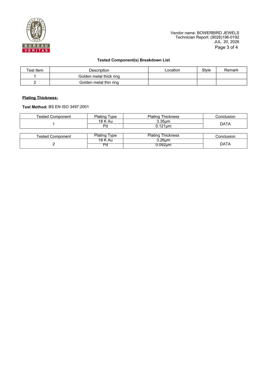 A document page titled 'Tested Component(s) Breakdown List' with a table listing a golden metal trinket box and gold metal pin ring, plus a 'Flating Thickness' section. The page includes the Bowerbird Jewels logo and text at the top and is mostly white with black text and light gray grid lines.