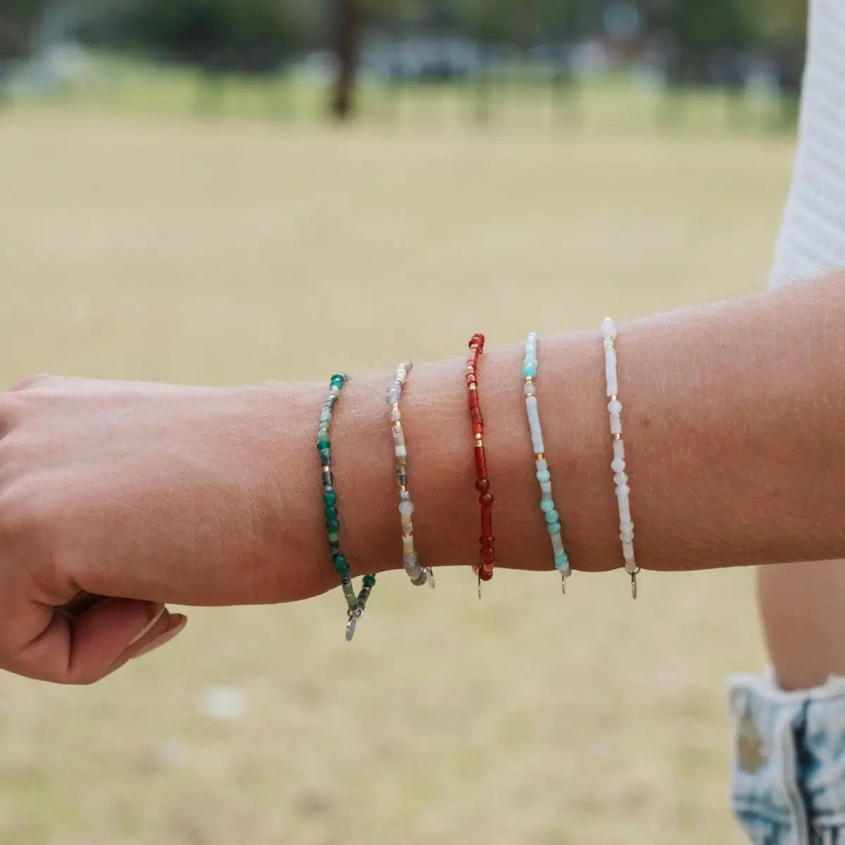 Gem Pop Agate and Labradorite Beaded Stacking Bracelets 3 on model- Australian Jewellery Brand Bowerbird Jewels