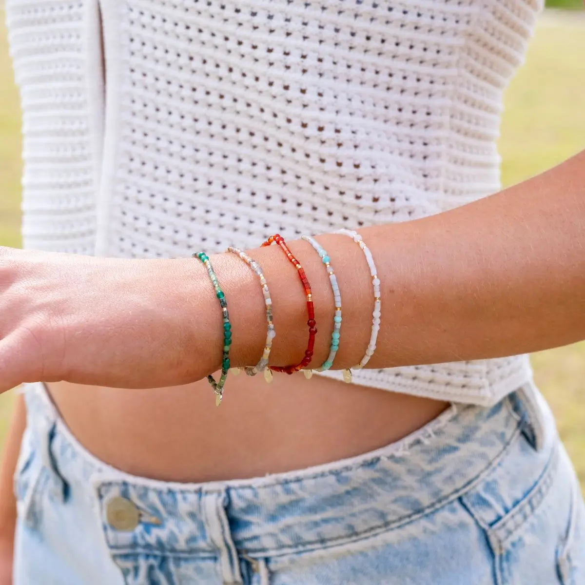 Gem Pop Amazonite Beaded Stacking Bracelet 2 on model- Australian Jewellery Brand Bowerbird Jewels