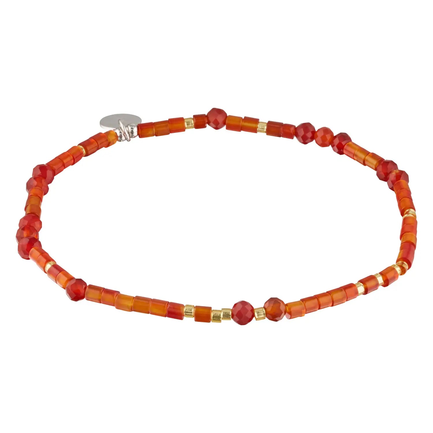 Beaded bracelet with red and gold beads on a white background