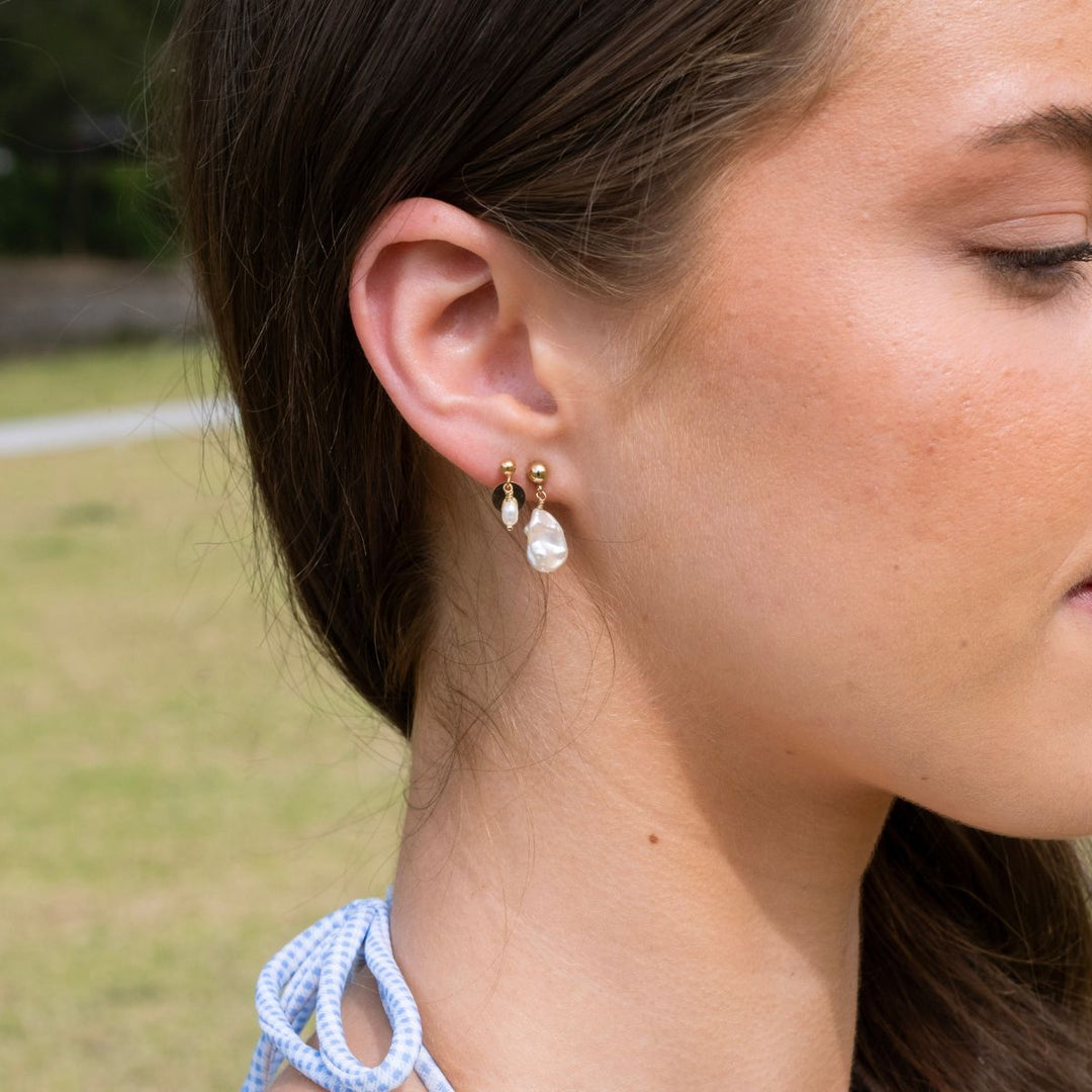 Gold-14K Gold Filled Pearl and Disc Drop Earrings2 on model-Australian Jewellery Brand Bowerbird Jewels