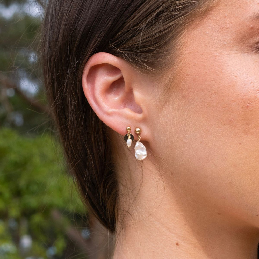 Gold-14K Gold Filled Pearl and Disc Drop Earrings on model-Australian Jewellery Brand Bowerbird Jewels