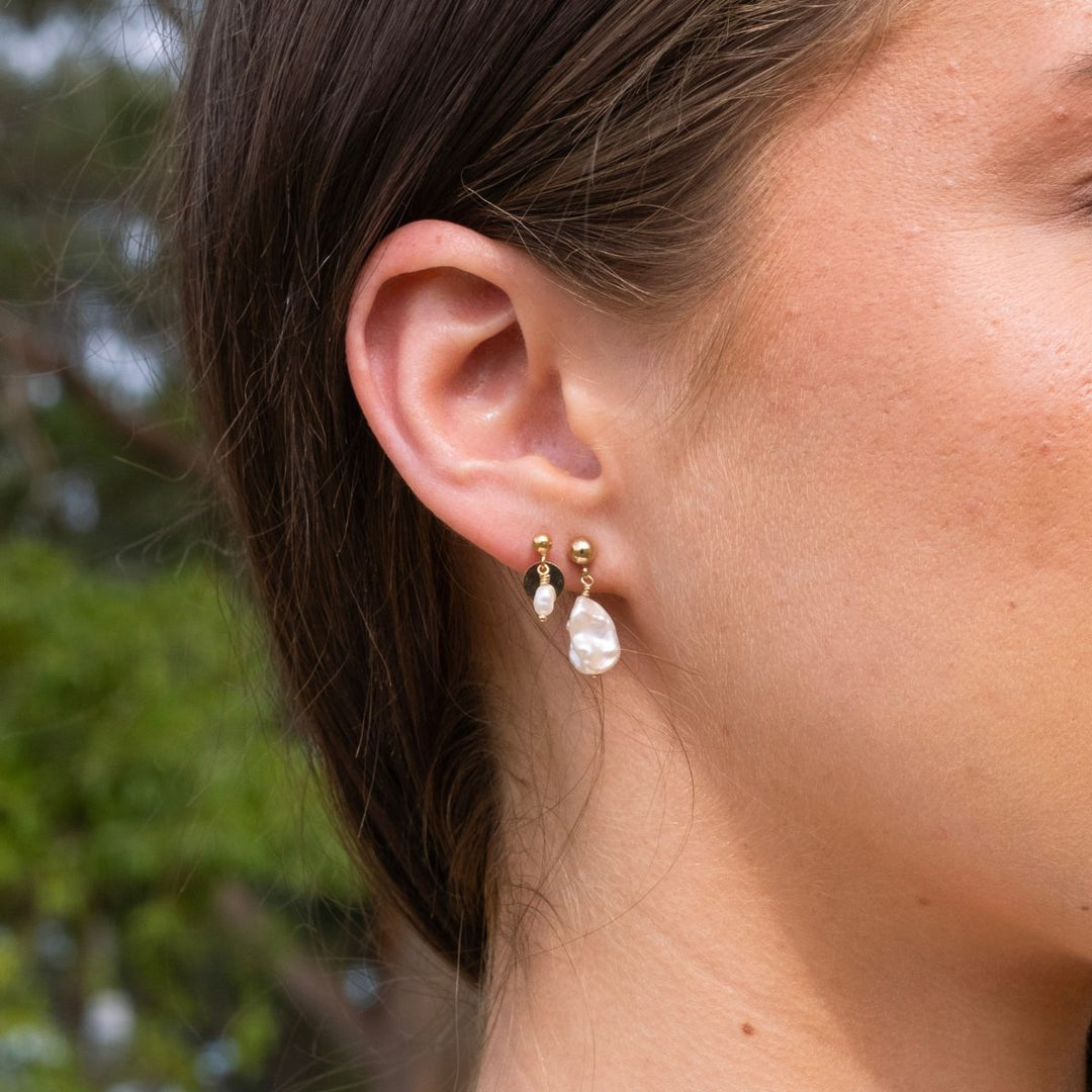 Gold-14K Gold Filled Pearl and Disc Drop Earrings on model-Australian Jewellery Brand Bowerbird Jewels