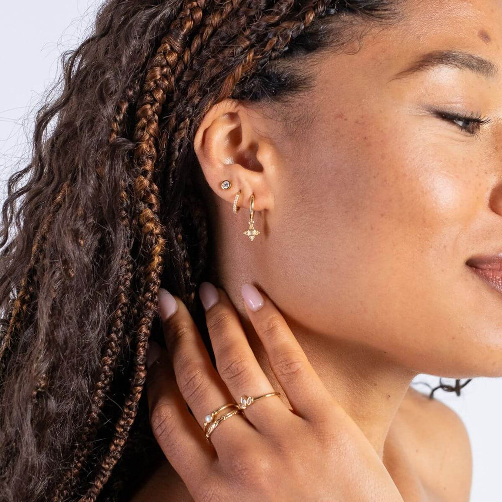 Gold-Ailsing Drop Huggie Hoop Earrings on model-Australian Jewellery Brand Bowerbird Jewels