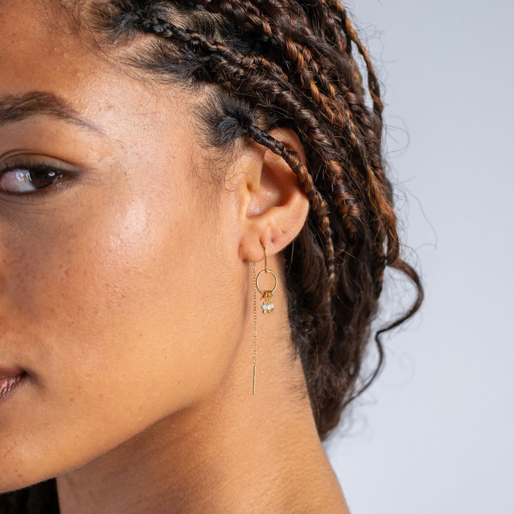 Gold-Allora Amazonite Thread Earrings on model-Australian Jewellery Brand Bowerbird Jewels