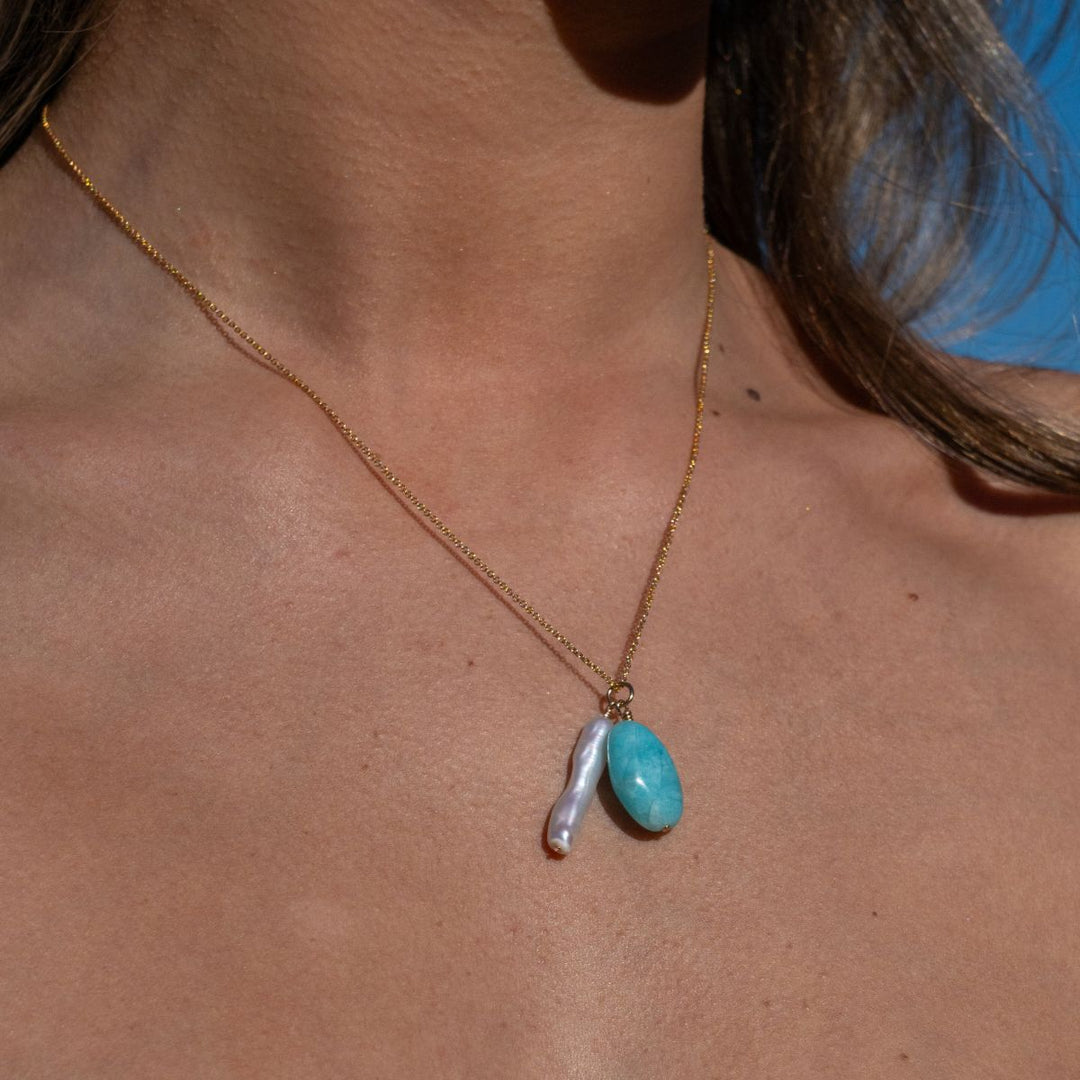 Ayla Gold Filled Necklace with Amazonite and Biwa Pearl Drops Gold 5 - Bowerbird Jewels - Online Jewellery Store