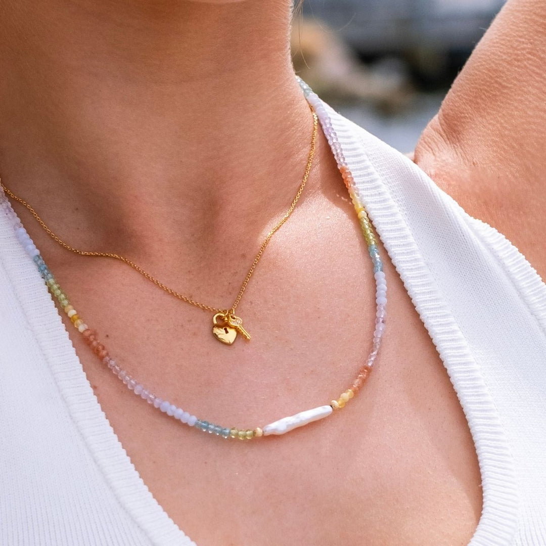 Gold-Chakra Pearl and Gemstone Beaded Necklace on model-Australian Jewellery Brand Bowerbird Jewels
