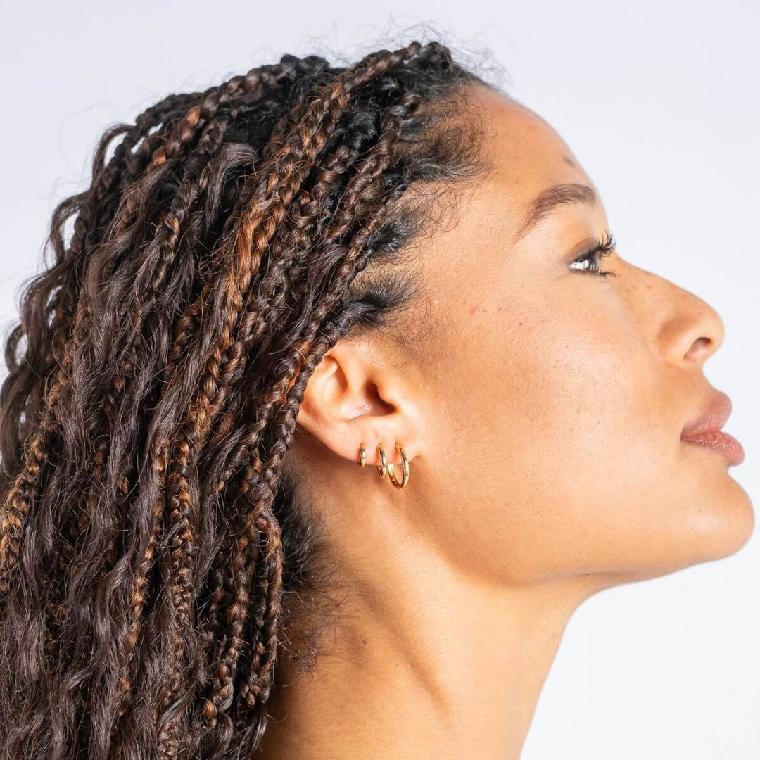 Gold-Classic Everyday Huggie Hoop Earrings2 on model-Australian Jewellery Brand Bowerbird Jewels