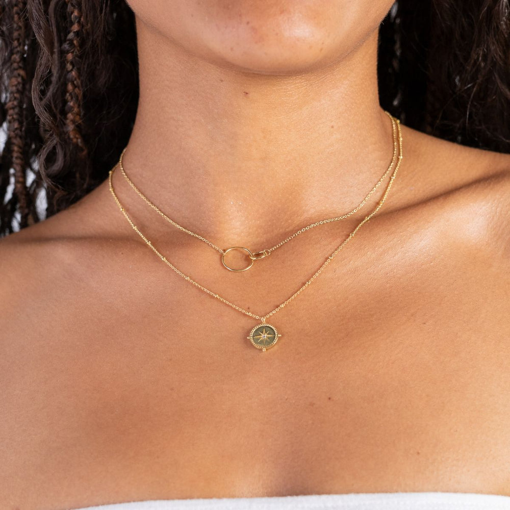 Gold-Compass of the Soul Necklace on model-Australian Jewellery Brand Bowerbird Jewels