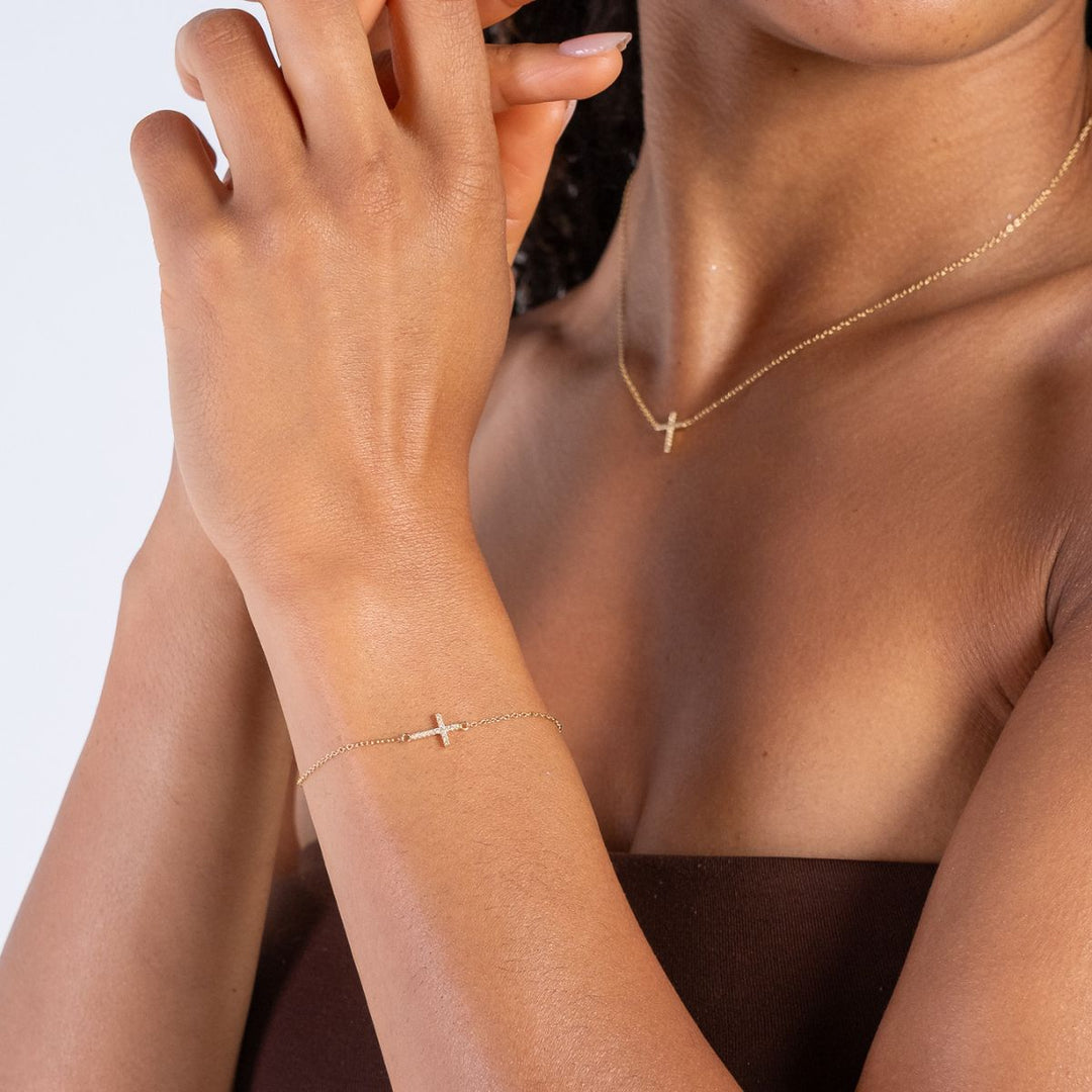 Gold-Cubic Zirconia Cross Bracelet on model-Australian Jewellery Brand Bowerbird Jewels