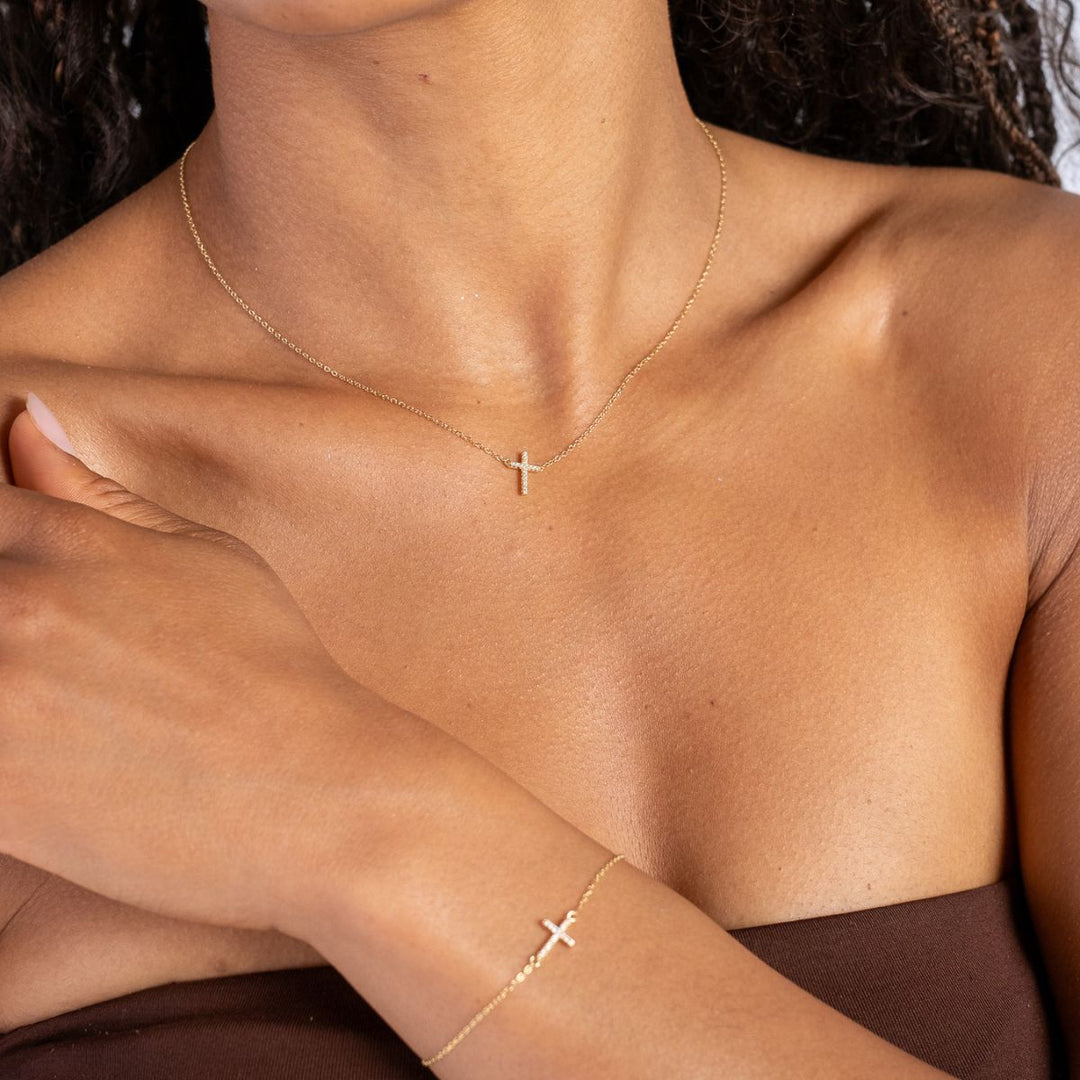 Gold-Cubic Zirconia Cross Necklace2 on model-Australian Jewellery Brand Bowerbird Jewels