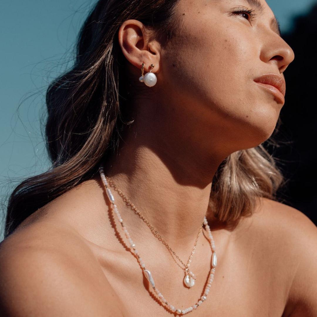 Gold-Drop Stud Coin Pearl Earrings2 on model-Australian Jewellery Brand Bowerbird Jewels
