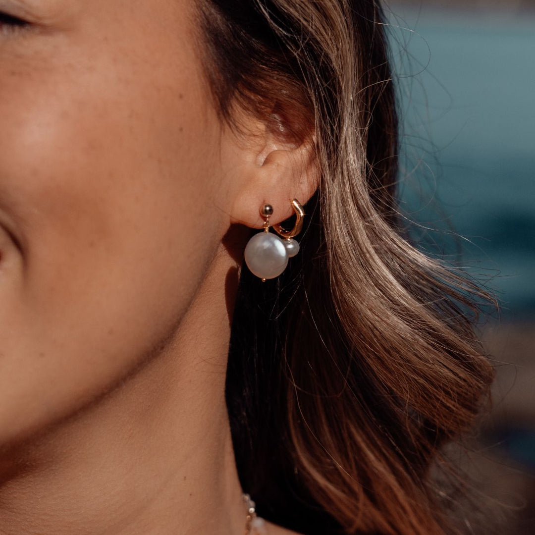 Gold-Drop Stud Coin Pearl Earrings on model-Australian Jewellery Brand Bowerbird Jewels