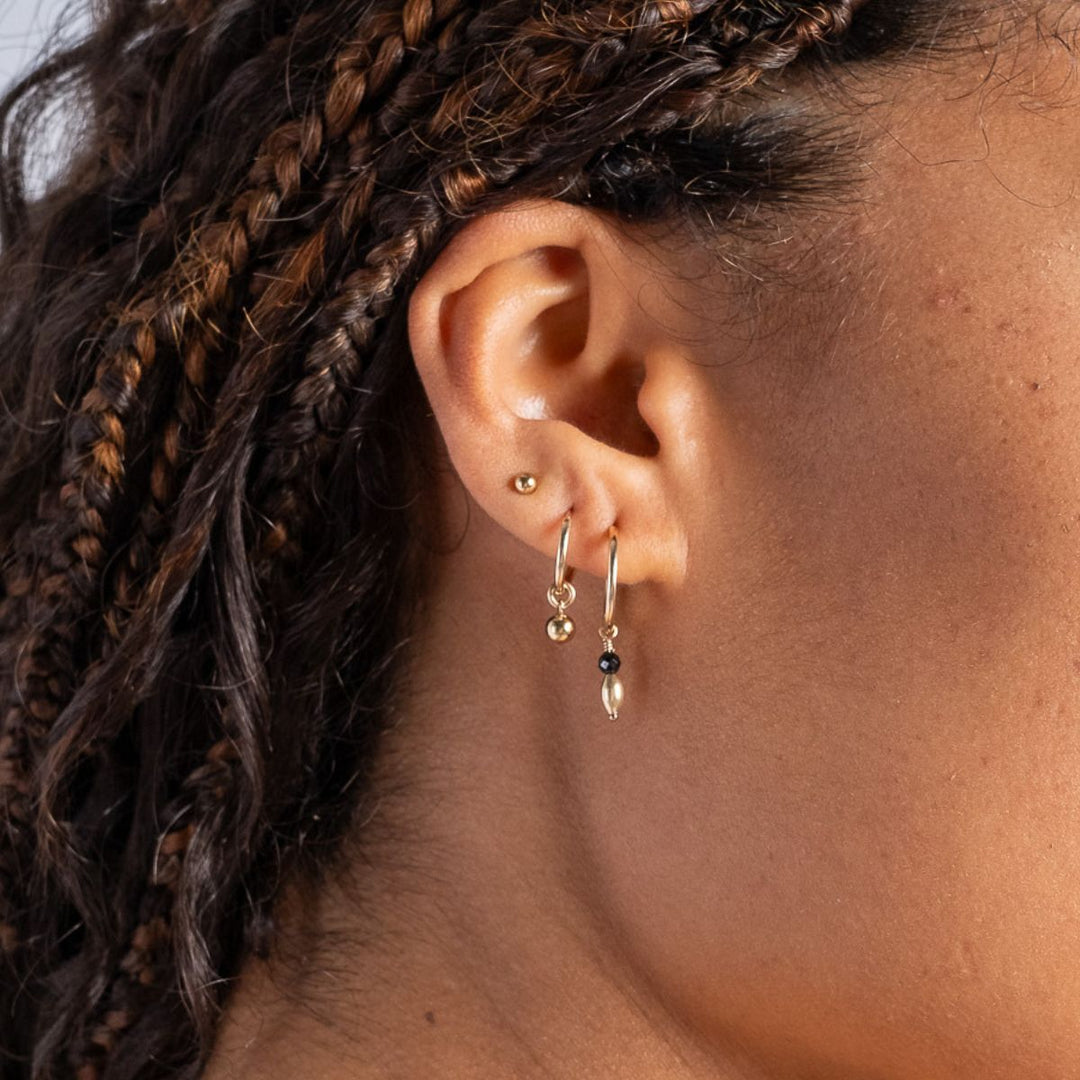 Gold-Gold Filled Bead Drop Fine Hoop Earrings on model-Australian Jewellery Brand Bowerbird Jewels