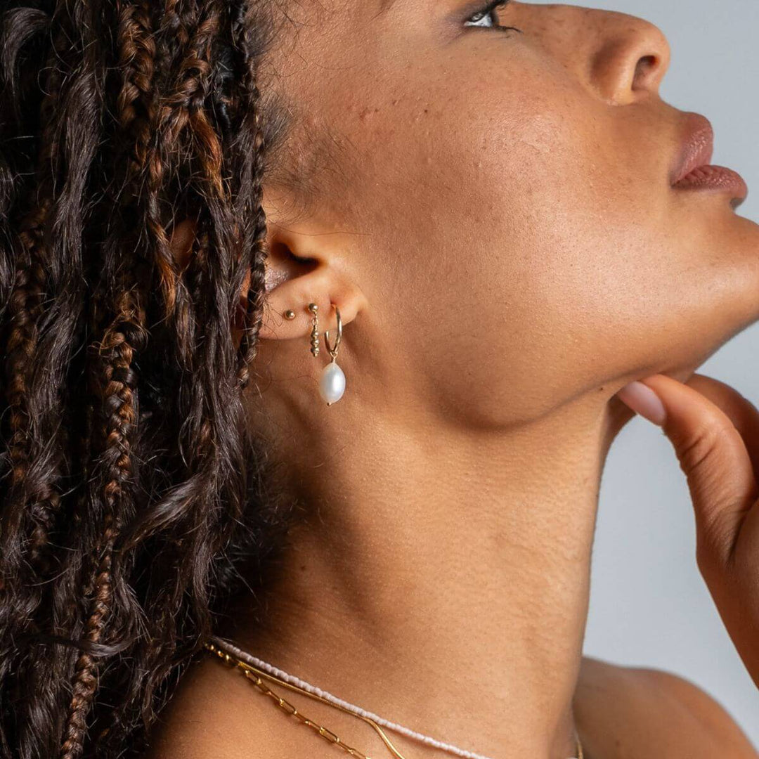 Gold-Gold Filled Dotty Earrings2 on model-Australian Jewellery Brand Bowerbird Jewels