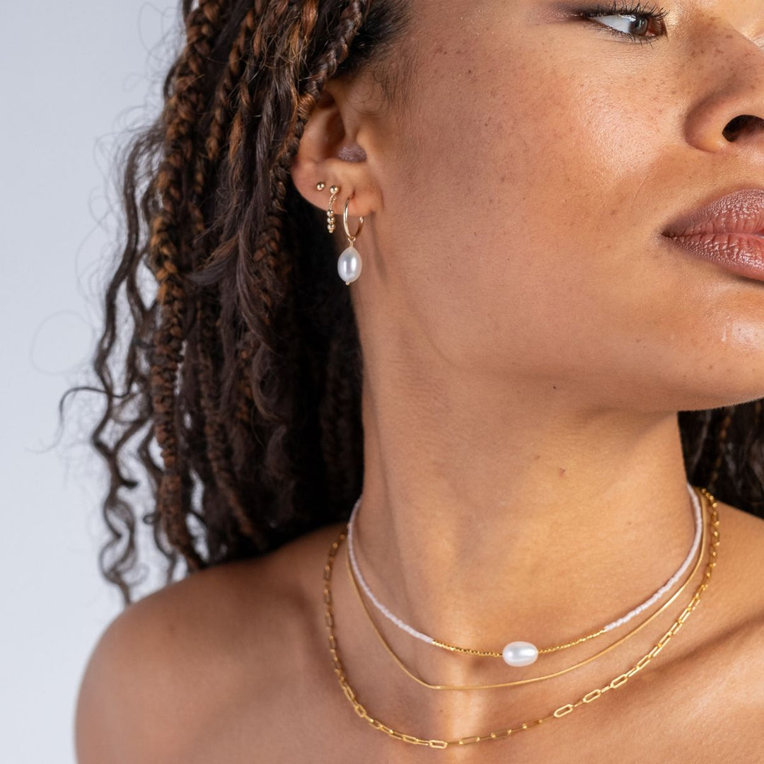 Gold-Gold Filled Dotty Earrings on model-Australian Jewellery Brand Bowerbird Jewels