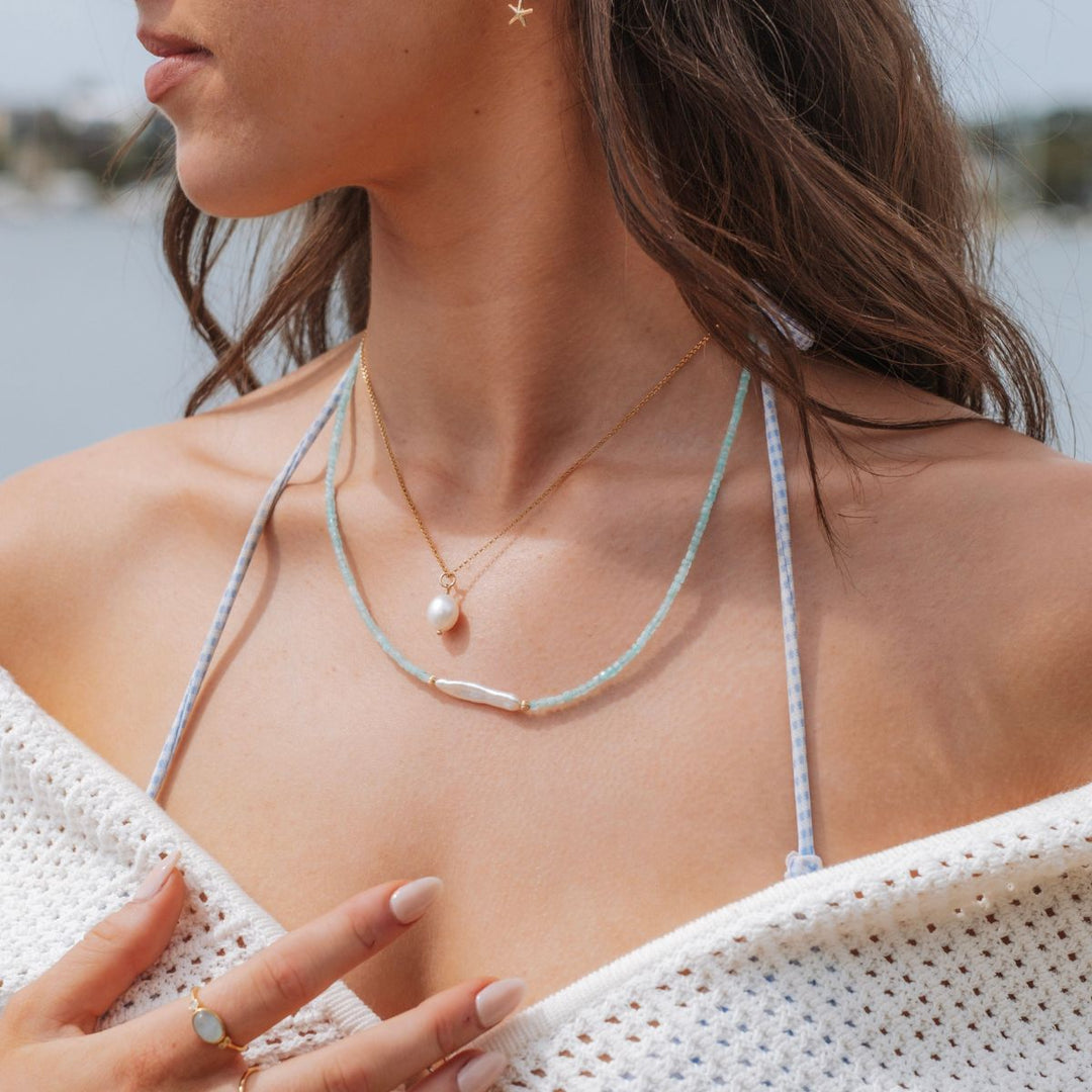 Gold-Gold Filled Drop Pearl Necklace on model-Australian Jewellery Brand Bowerbird Jewels