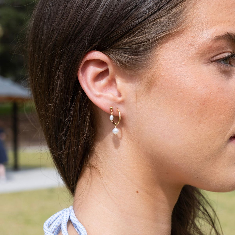 Gold-Gold Filled Potato Pearl Drop Hoop Earrings2 on model-Australian Jewellery Brand Bowerbird Jewels
