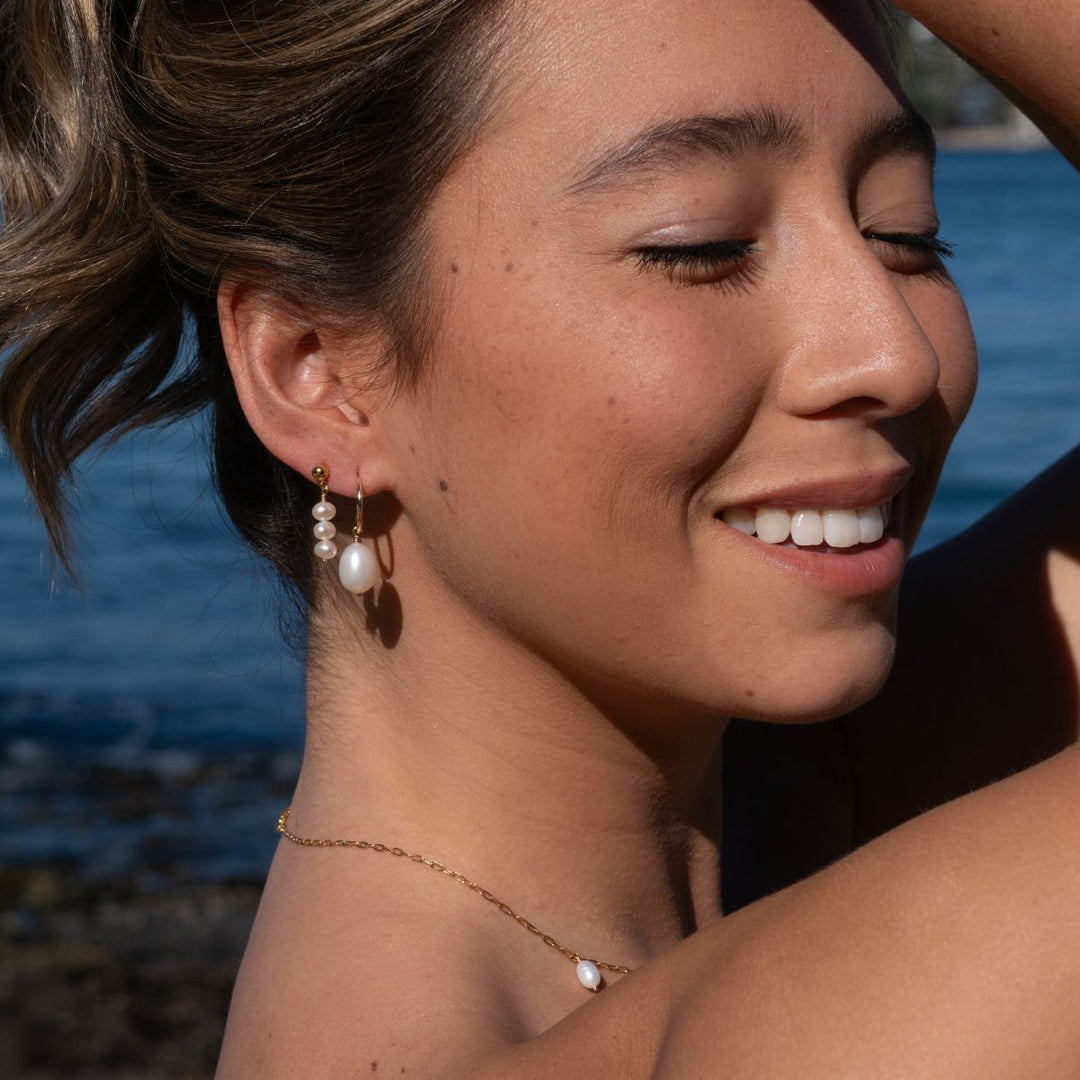 Gold-Gold Filled Rice Pearl Hoop Drop Earrings on model-Australian Jewellery Brand Bowerbird Jewels