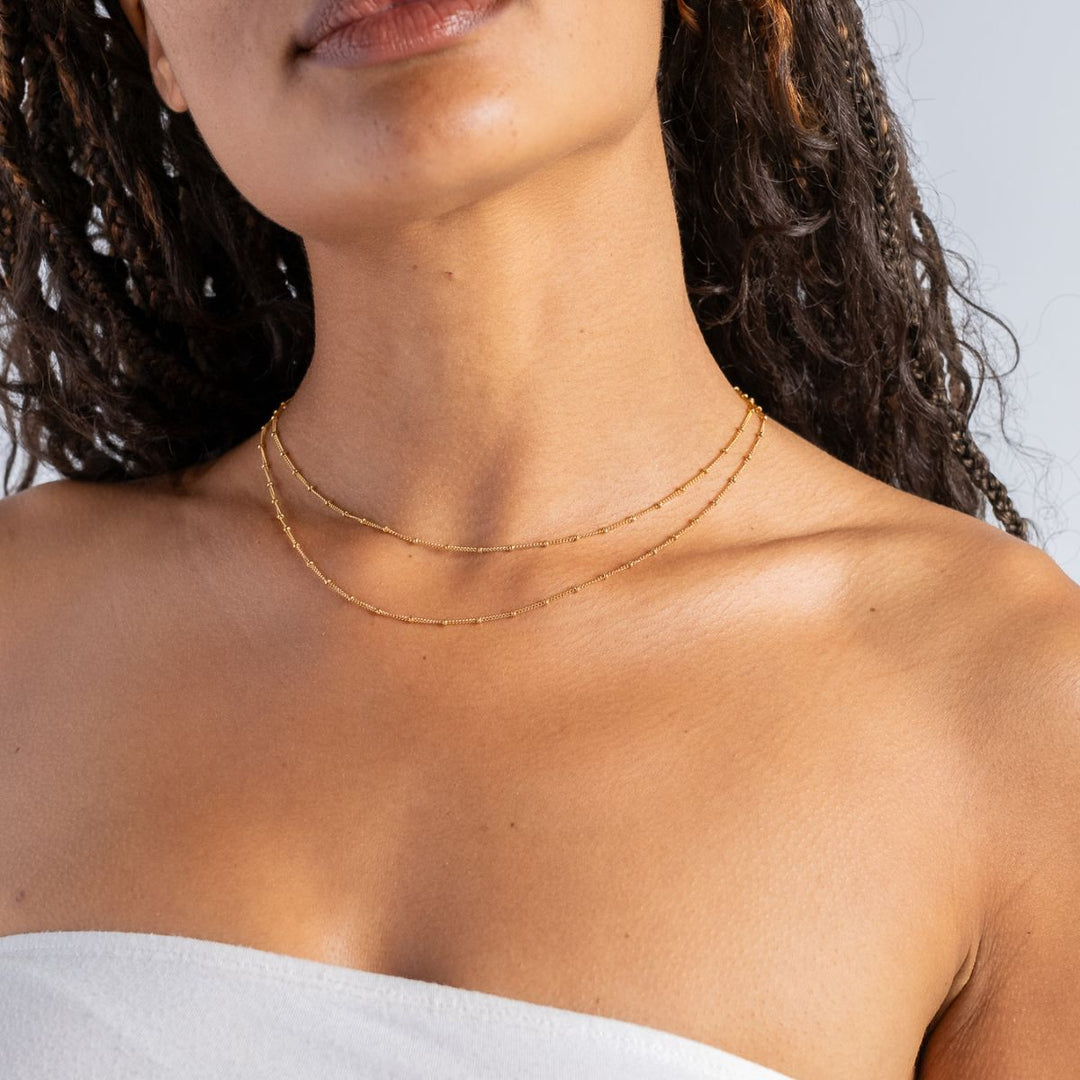 Gold-Gold Filled Satellite Chain Necklace - 40/45cm 2 on model-Australian Jewellery Brand Bowerbird Jewels