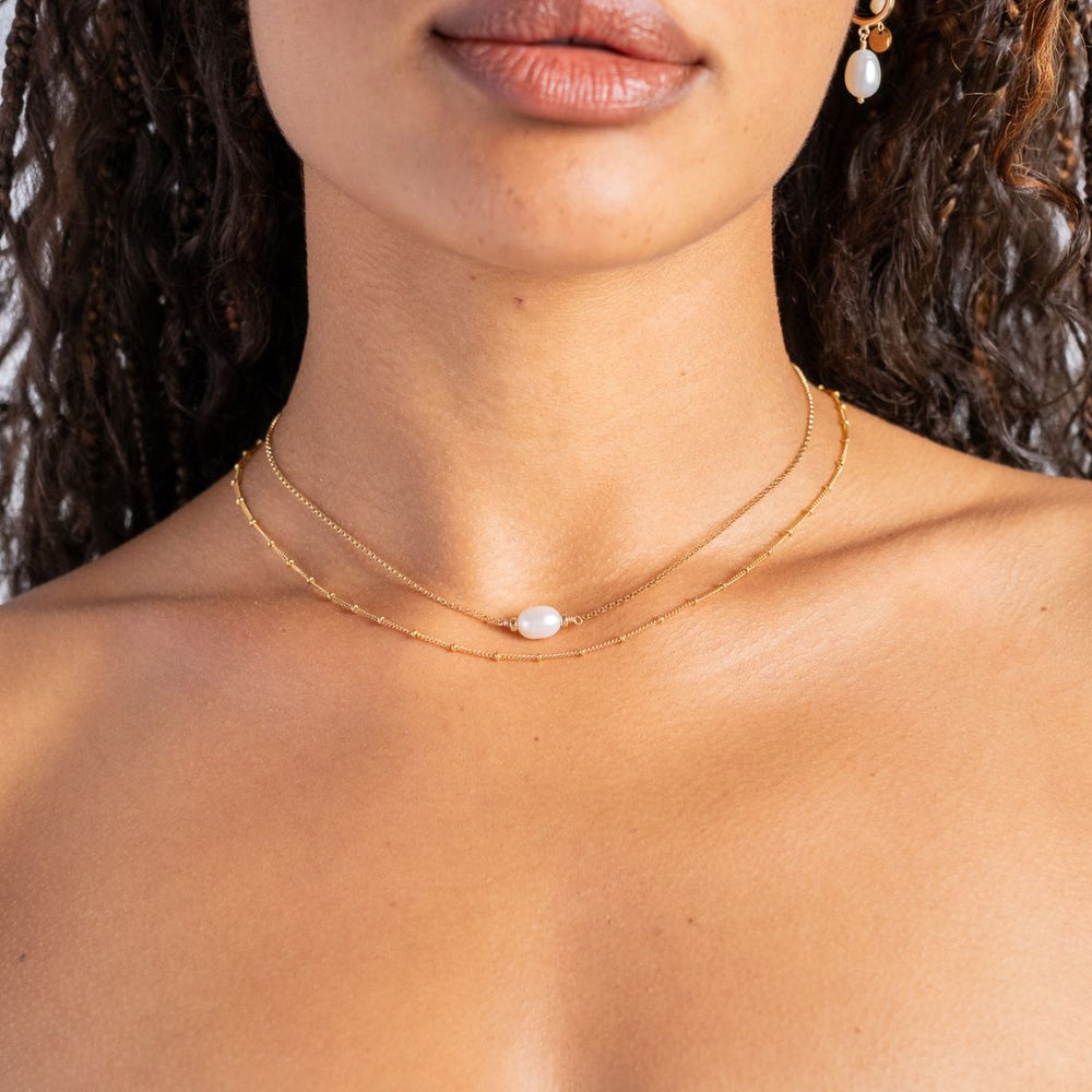 Gold-Gold Filled Satellite Chain Necklace - 40/45cm on model-Australian Jewellery Brand Bowerbird Jewels