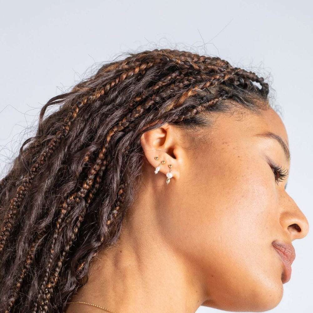 Gold-Gold Filled Zenith Pearl Drop Earrings on model-Australian Jewellery Brand Bowerbird Jewels