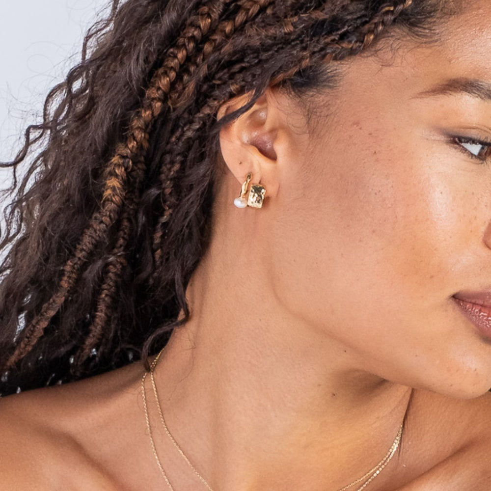 Gold-Hammered Finish Square Huggie Hoop Earrings2 on model-Australian Jewellery Brand Bowerbird Jewels