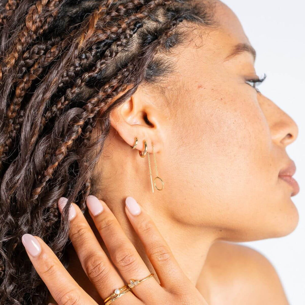 Gold-Loop Thread Earrings in Silver and Gold on model-Australian Jewellery Brand Bowerbird Jewels