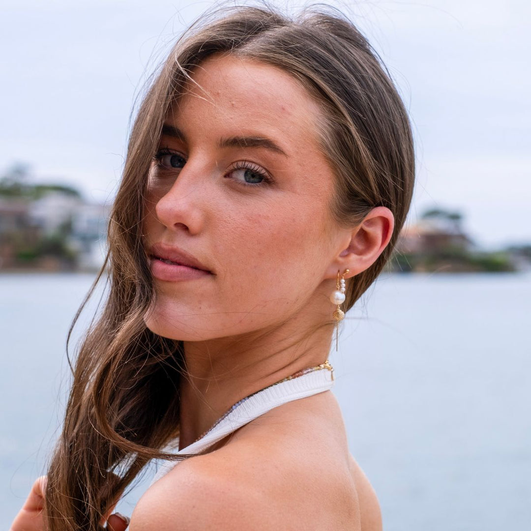 Gold-Luma Gold Filled Threader Earrings with Freshwater Pearl and Shell Drop on model-Australian Jewellery Brand Bowerbird Jewels