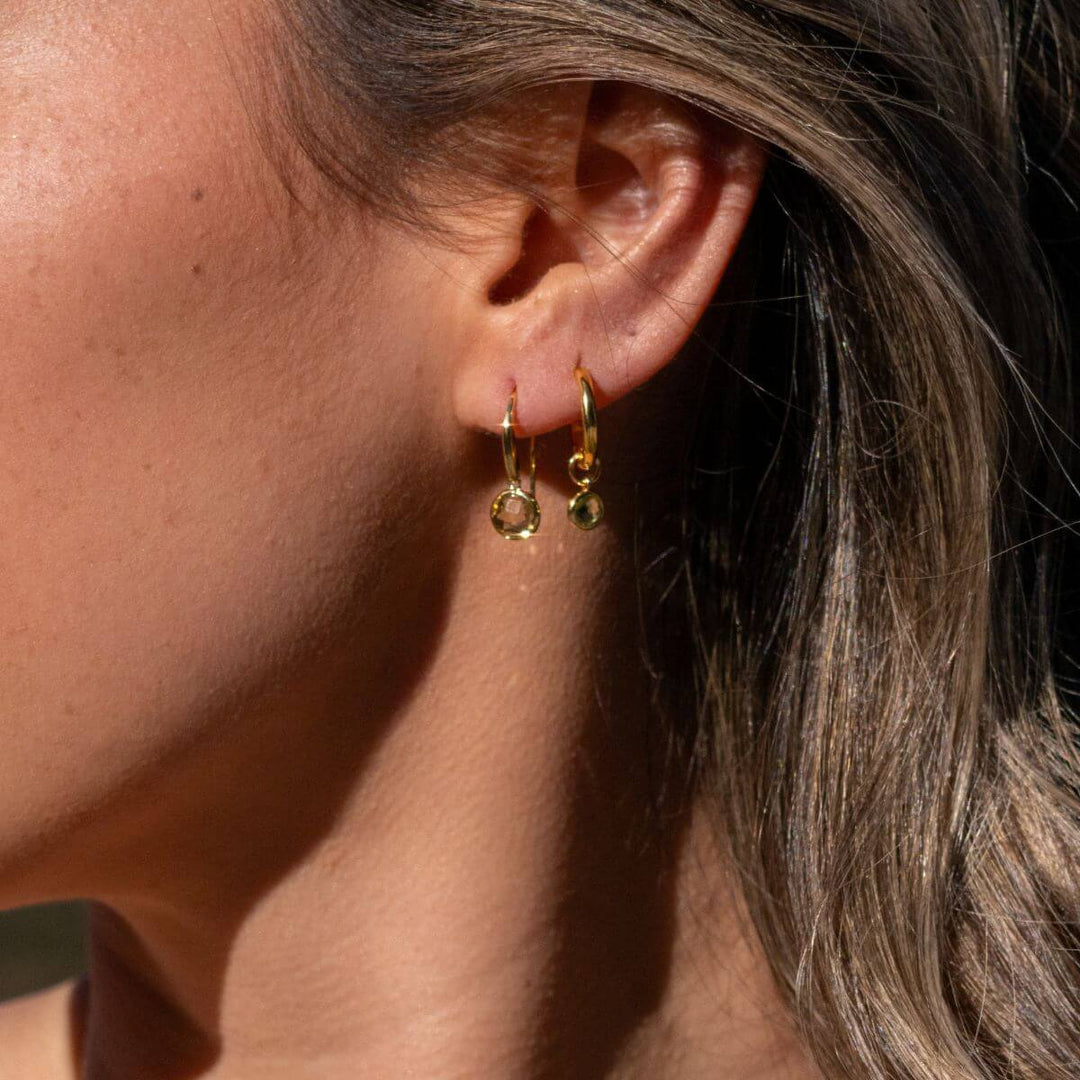 Gold-Marais Peridot Drop Huggie Earrings in 18K Gold Vermeil or Silver3 on model-Australian Jewellery Brand Bowerbird Jewels