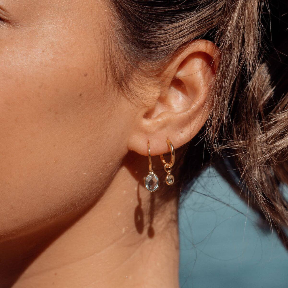 Gold-Marais Peridot Drop Huggie Earrings in 18K Gold Vermeil or Silver on model-Australian Jewellery Brand Bowerbird Jewels
