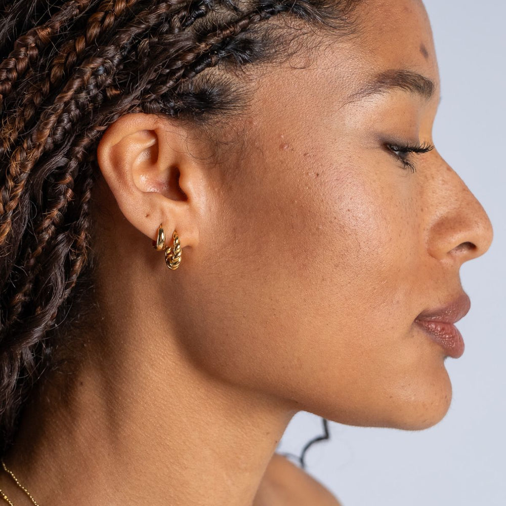 Gold-Medium Tapering Huggie Hoop Earrings on model-Australian Jewellery Brand Bowerbird Jewels