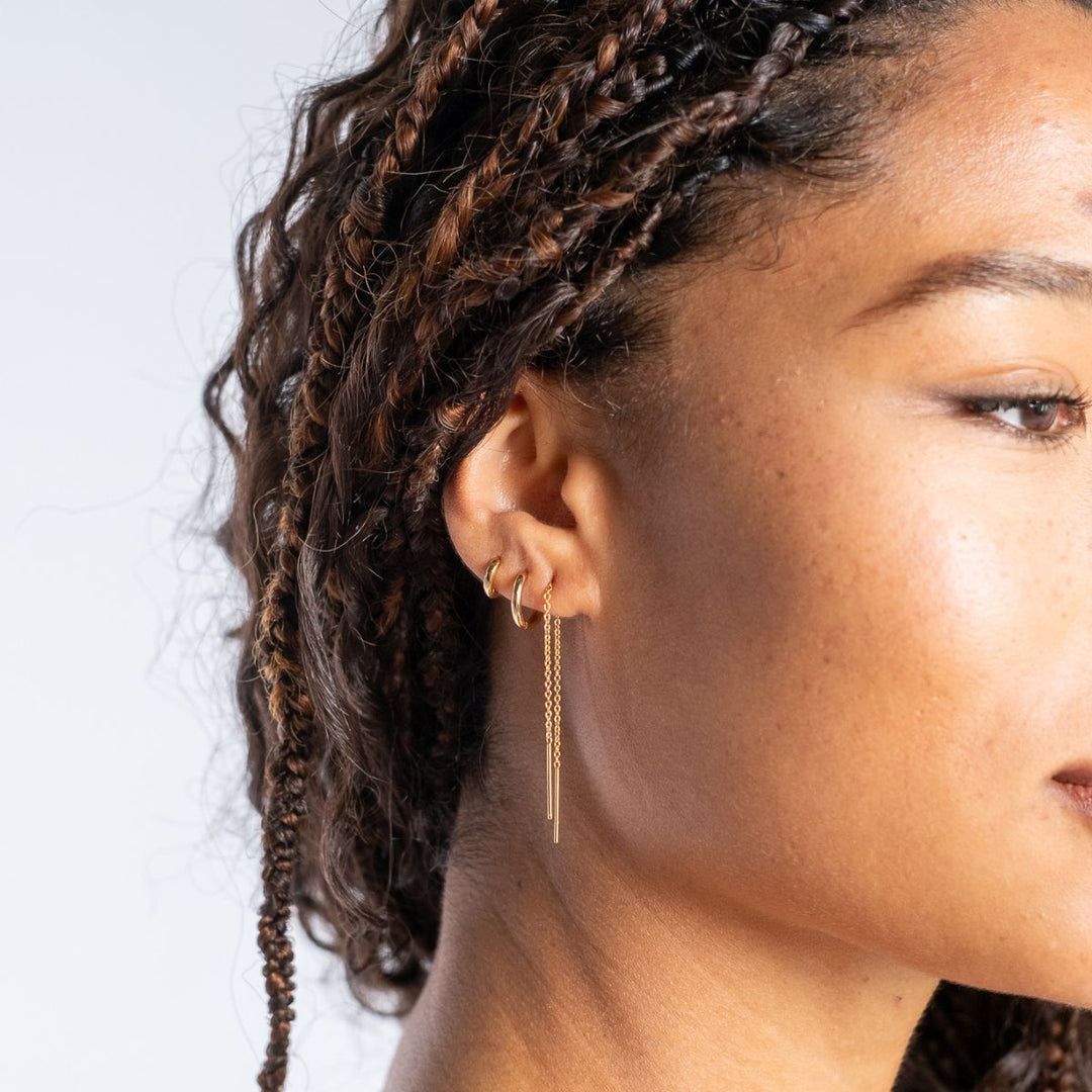 Gold-Minimalist Thread Earrings in Silver and Gold on model-Australian Jewellery Brand Bowerbird Jewels