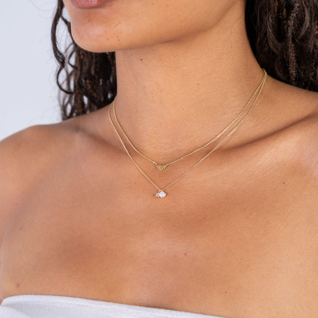 Gold-Moonglow Opalite Necklace in Silver and Gold on model-Australian Jewellery Brand Bowerbird Jewels