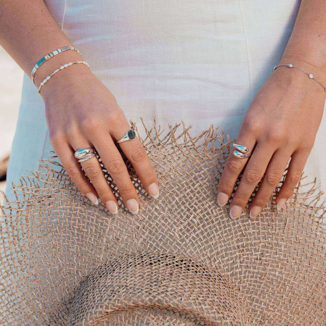 Gold-Moonstruck Pearl Stacking Bracelet2 on model-Australian Jewellery Brand Bowerbird Jewels